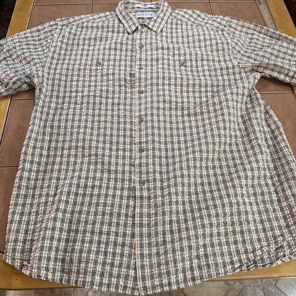 Orvis Men's Short Sleeve Button Front Seersucker Shirt Size XL Green Beige Plaid